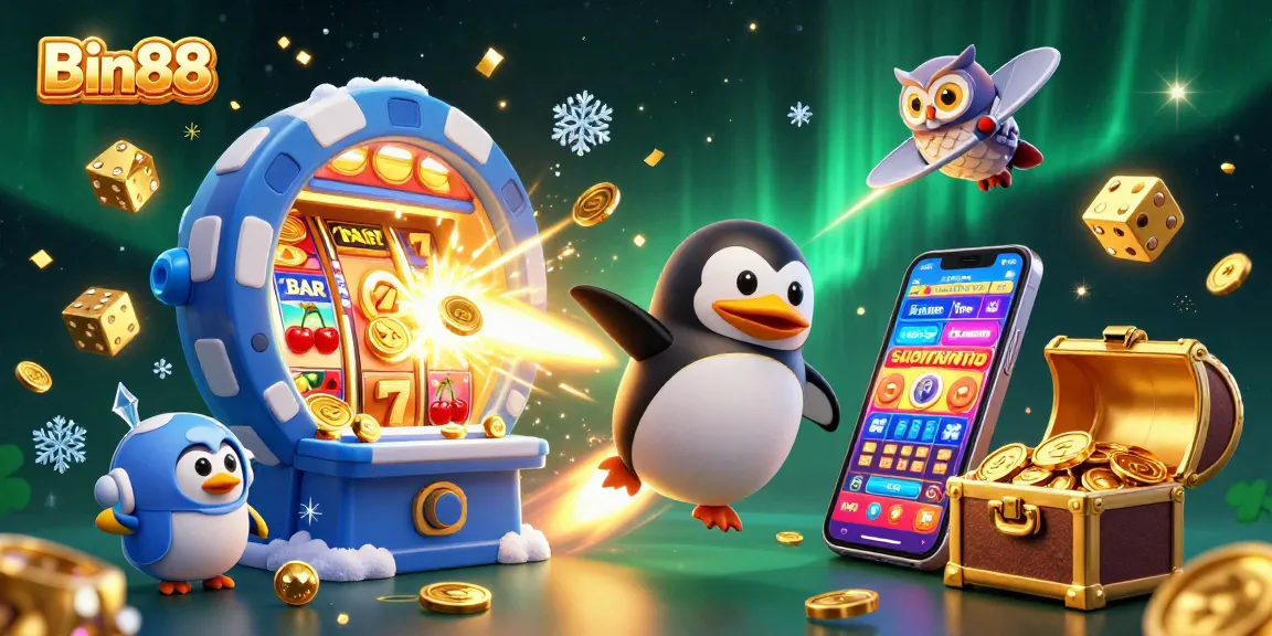 Experience the fun of Bin88 with a dynamic illustration featuring a penguin in space alongside casino slots and jackpots.