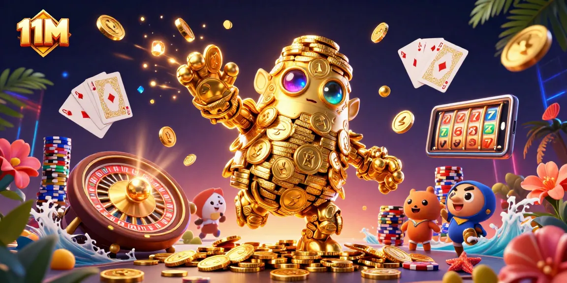 Spin the reels and win big with 11M's vibrant 3D casino scene featuring golden golems and dazzling chips.