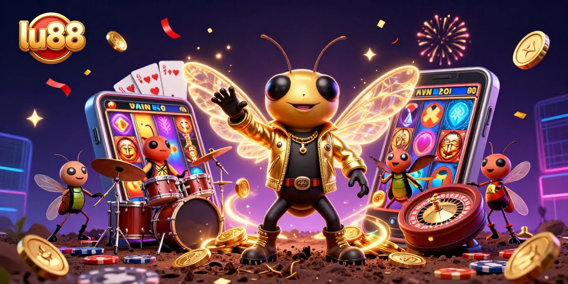 lu88 celebrates with vibrant slot game elements as a 3D cicada rock star performs for online gamblers.