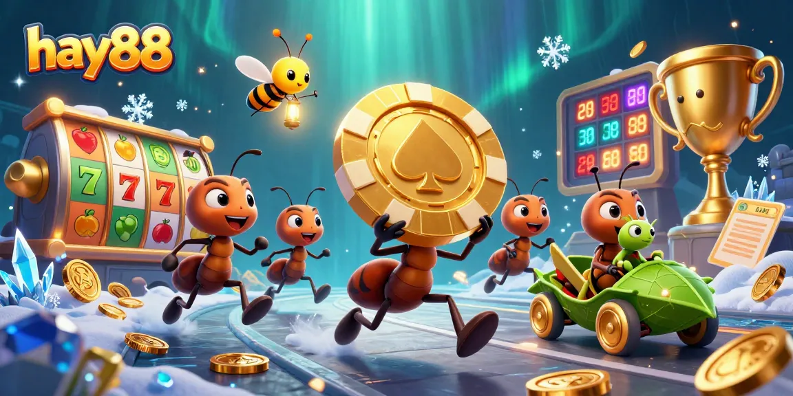 Hay88’s 3D cartoon ants heist scene with a giant poker chip and lively casino elements