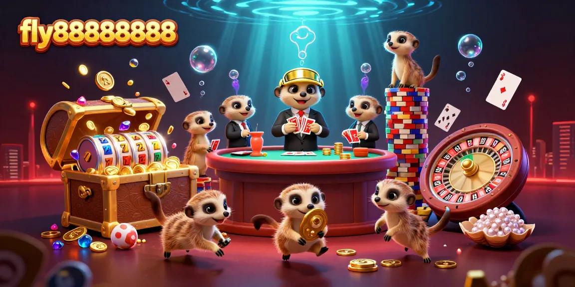 Experience the excitement of fly88888888 with meerkats running a vibrant casino, showcasing thrilling gaming elements.
