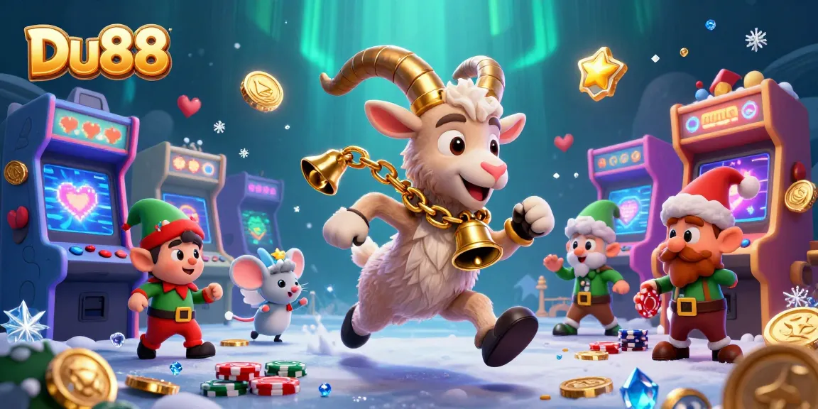 Experience the festive Du88 holiday-horror casino with Krampus and angel mouse amidst chaos and fun.