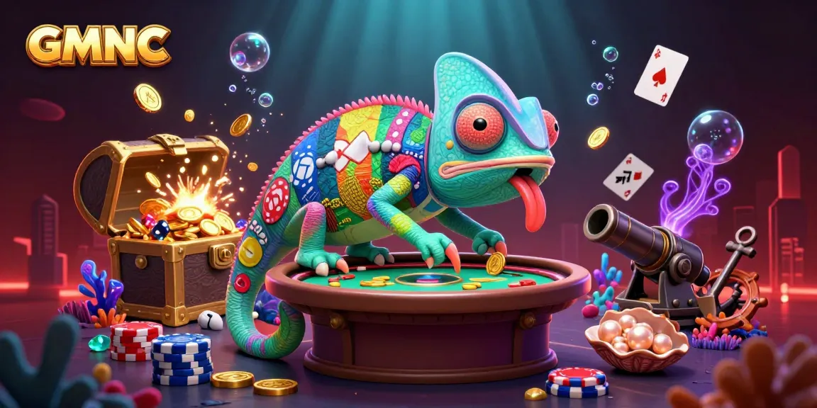 GMNC chameleon casino owner capturing golden coins in a vibrant underwater scene.