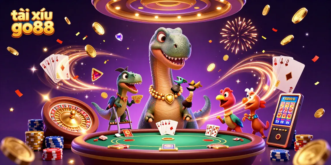 Experience thrilling tài xỉu go88 action with a vibrant casino illustration of a dinosaur and dealer.
