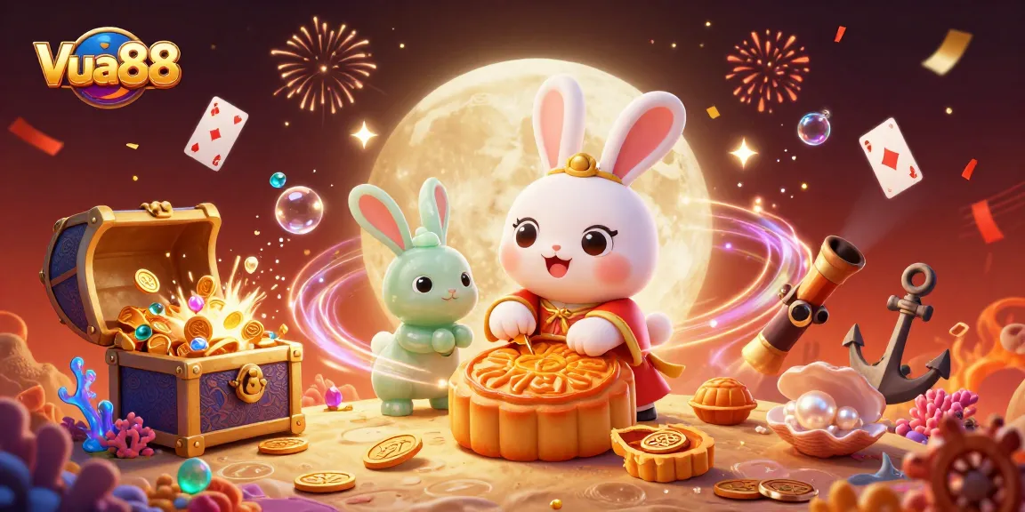 Join Vua88 as the moon rabbit unveils hidden poker chips among dazzling treasures in a magical casino.
