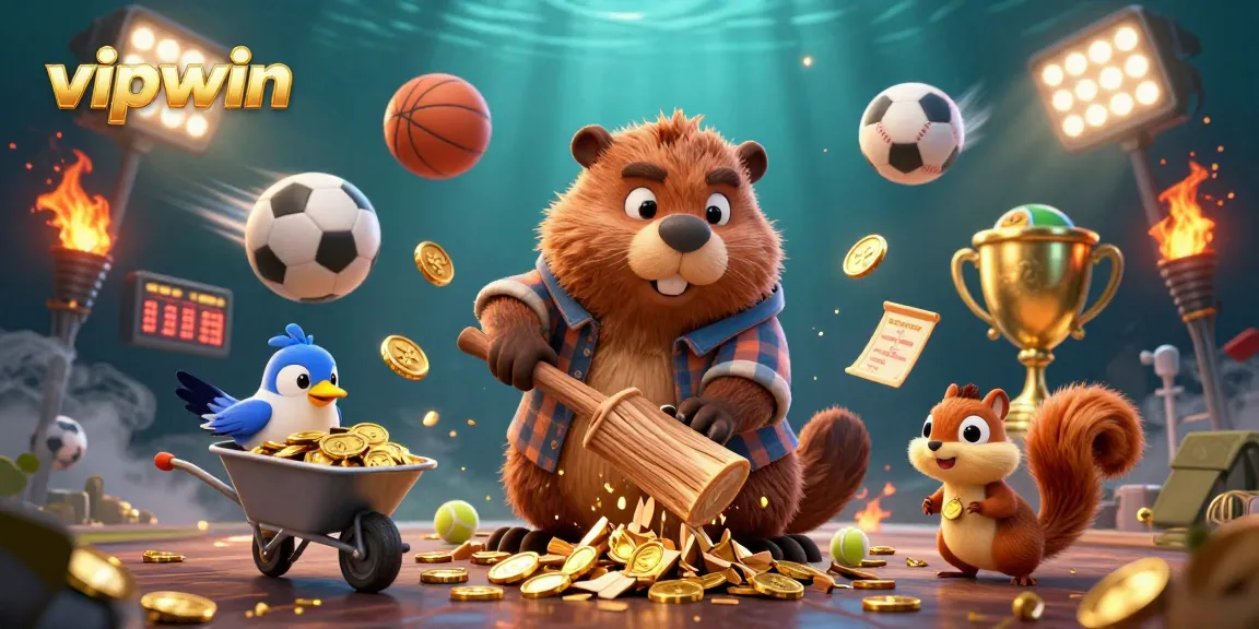 Play exciting games at vipwin, where the beaver and bird gather coins in a lively casino scene.