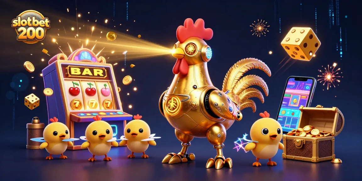 Slot bet 200: Robot ayam emas futuristik menciptakan jackpot di mesin slot dengan kilau koin.