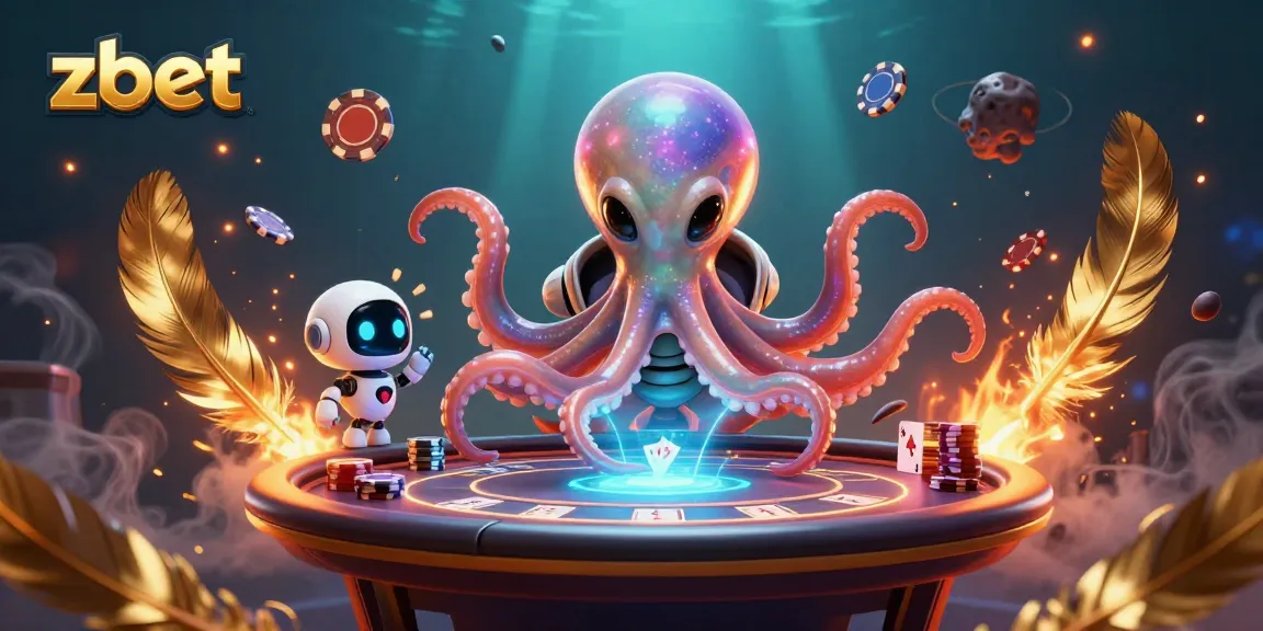 Engage with zbet's thrilling poker scene featuring an alien octopus and vibrant casino elements.