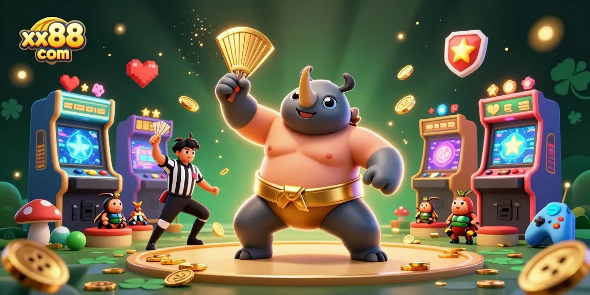 Experience exhilarating wins at xx88 com, where a sumo beetle champion stomps through golden coins amidst vivid casino action.