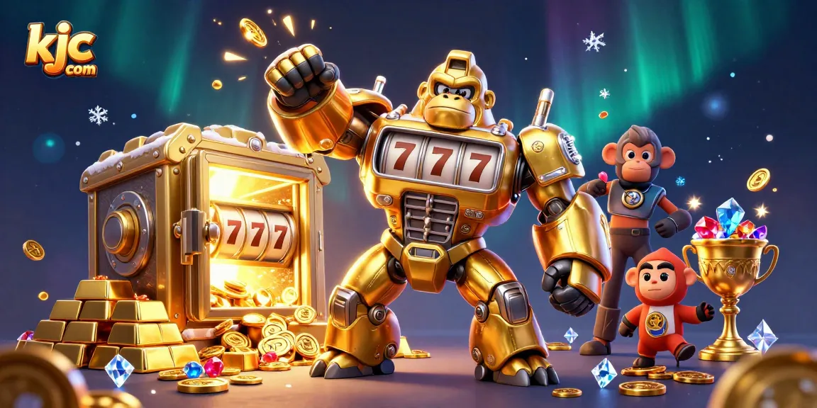 Experience exciting gameplay at kjc com with a dynamic golden gorilla mech in a casino adventure scene.