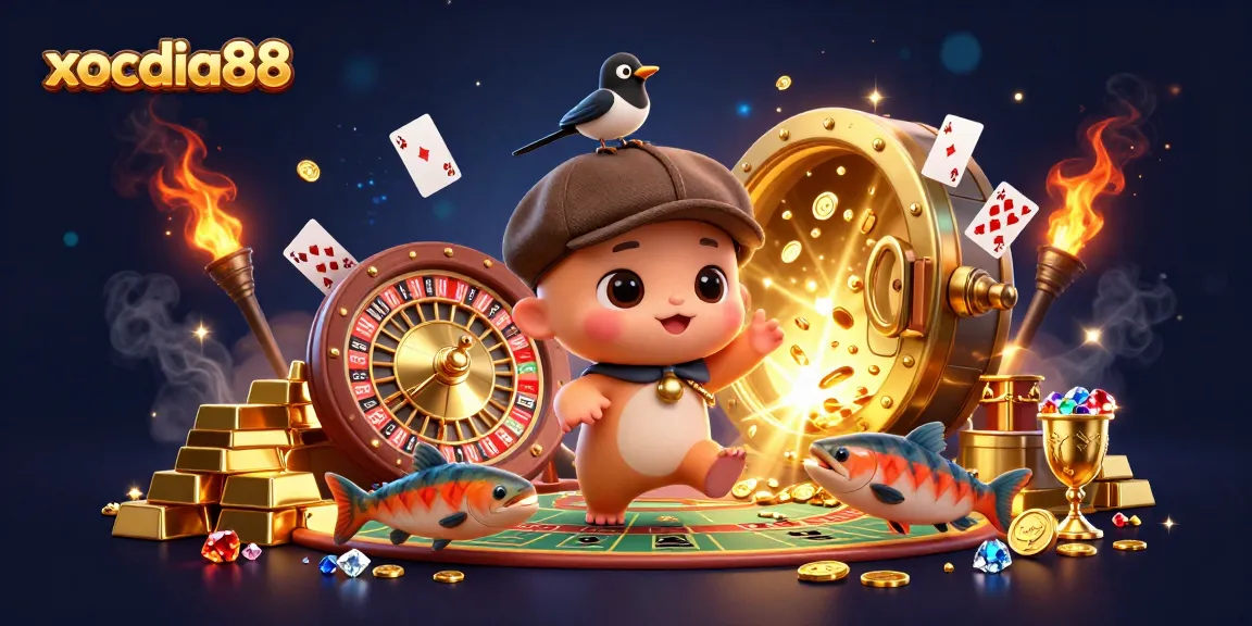 Xocdia88 captivates with a lively illustration featuring animated characters amidst dynamic casino elements.