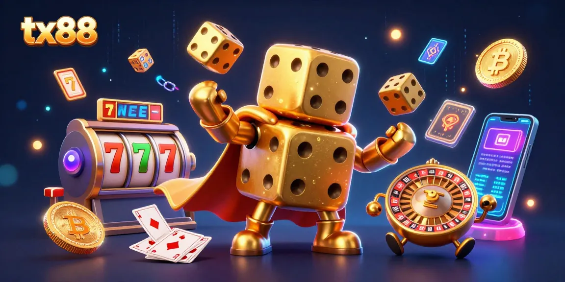 tx88 engages players with golden dice and vibrant slot elements in an animated casino scene