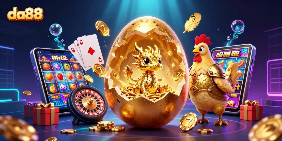 Engage with da88's vibrant casino scene featuring a baby dragon and golden poker chips.