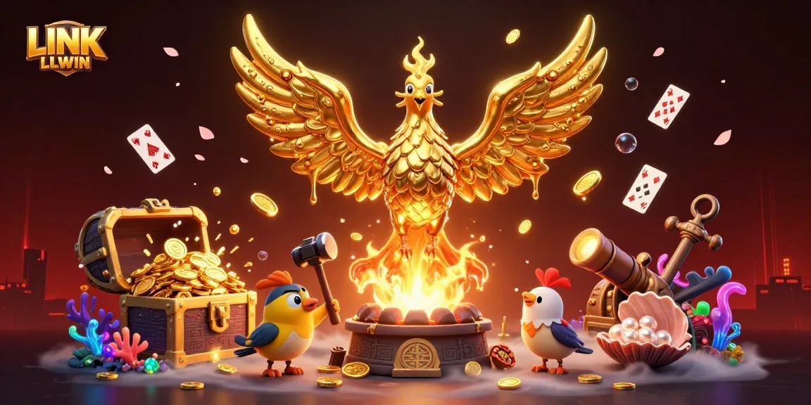 Win big with LINK LLWIN: A vibrant gaming scene featuring a golden phoenix and dynamic casino elements.