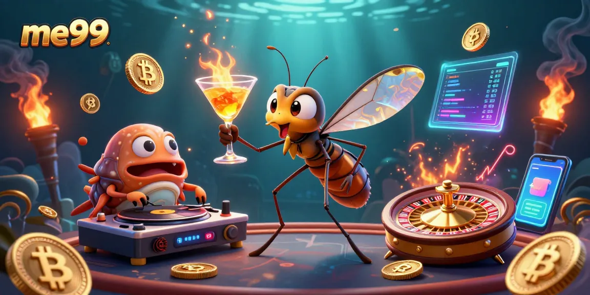 Experience me99's vibrant gaming atmosphere with 3D characters and casino elements in a dynamic illustration.