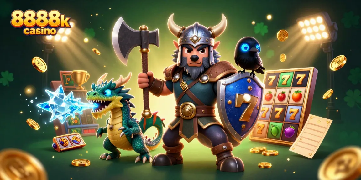 Engage with thrilling gameplay at 8888k casino featuring a Viking wolf warrior, ice-breathing dragon, and dragon surrounded by dynamic casino elements.