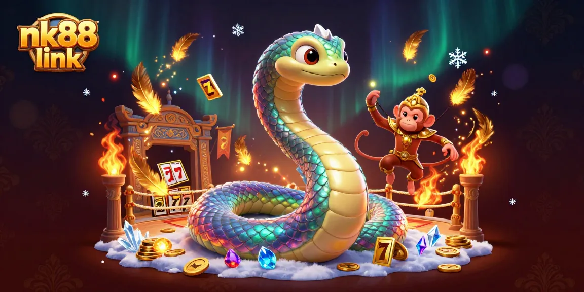 Experience thrilling action with the nk88 link surrounded by vibrant casino elements, including golden coins and slot reels.