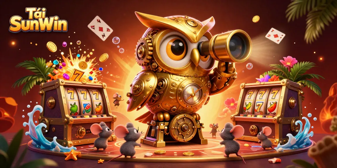 Tải SunWin and enjoy thrilling casino slots while exploring a vibrant 3D illustration of a golden owl and lively mice.