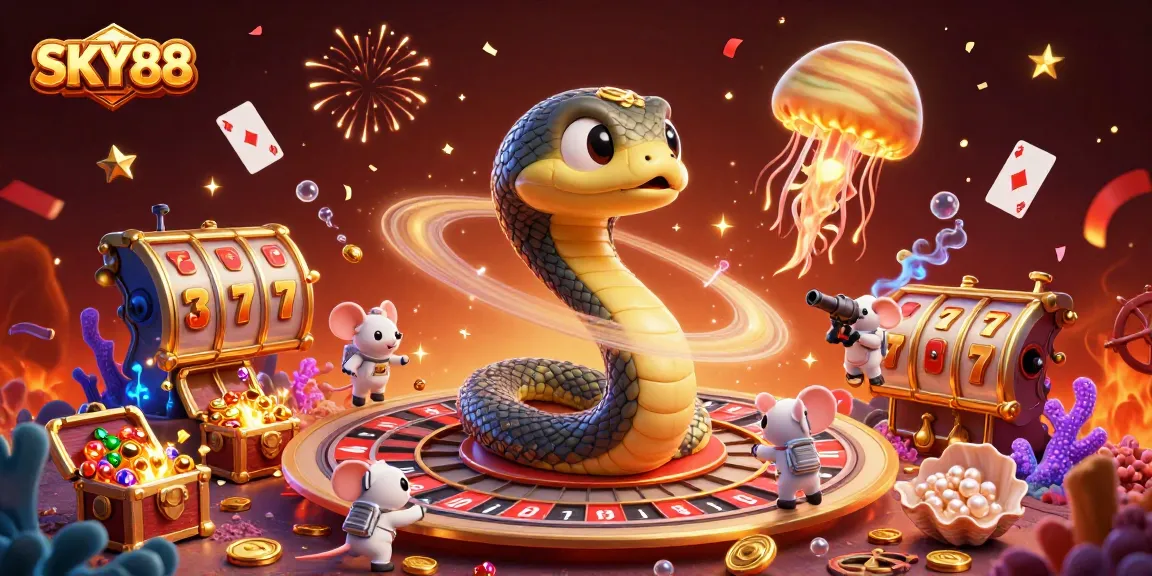 Experience the thrill of SKY88 as astronaut mice place bets on a cosmic roulette wheel in a vibrant casino scene.