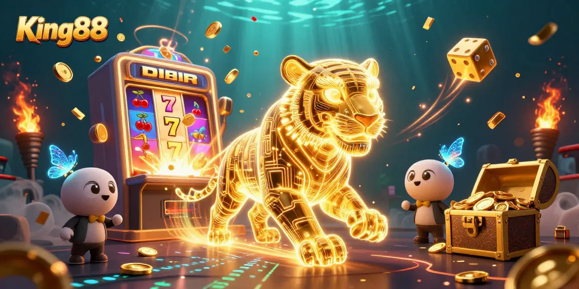 Experience King88 casino action through a dazzling illustration of a golden tiger in a vibrant jackpot scene.
