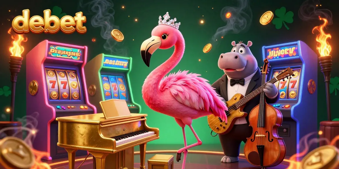 Engage in winning gameplay at debet with a vibrant casino scene featuring characters and slot machines.