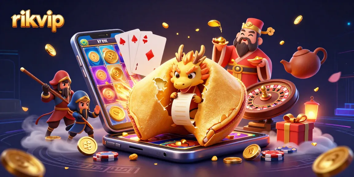 Experience fun and winnings at rikvip with a lively 3D casino scene featuring a fortune cookie and gaming elements.