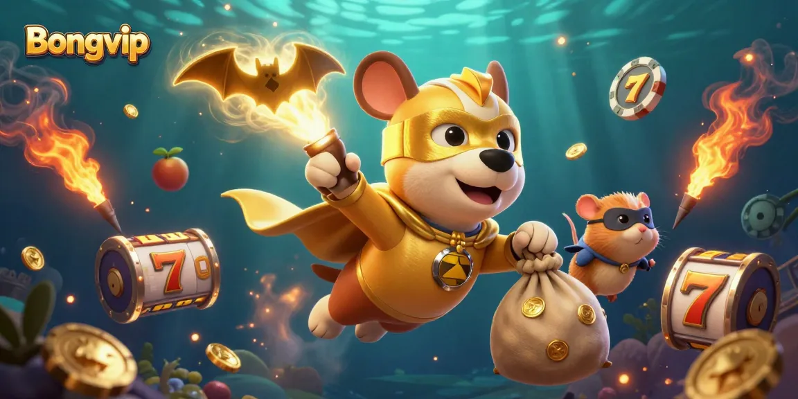 Bongvip highlights winning moments with a superhero dog amid slot games, gold coins, and dynamic decorations.