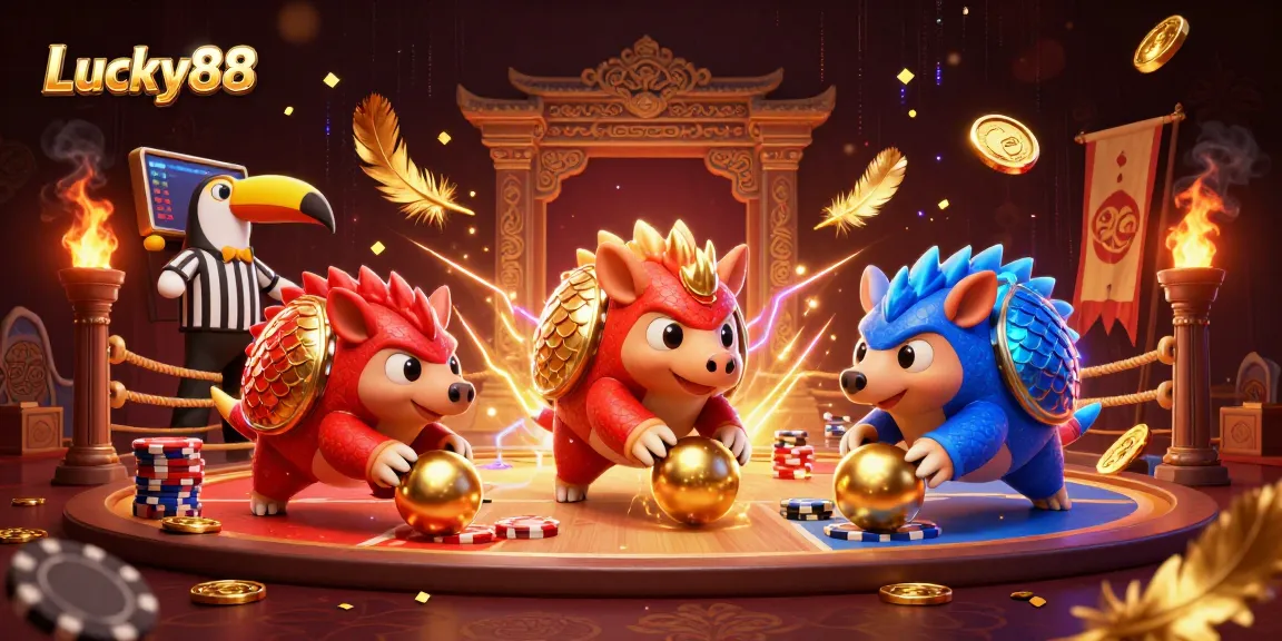Witness thrilling action in Lucky88 as rival pangolins compete amidst vibrant casino elements.
