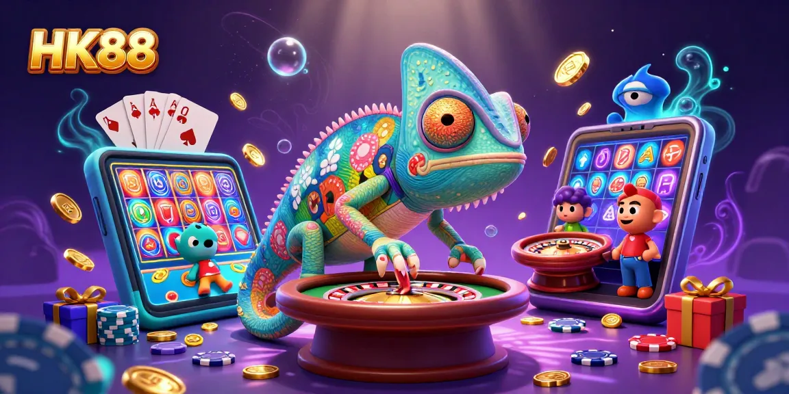 Experience thrilling gaming at HK88 with a vibrant casino scene featuring colorful slot games and lively characters.