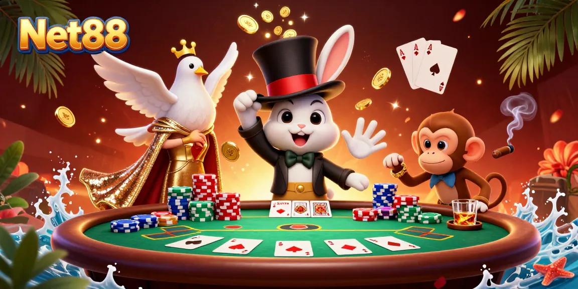 Experience the magic of Net88 with a charming magician rabbit, sequined dove, and poker fun!