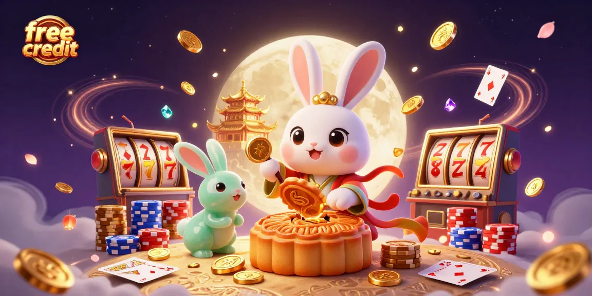 Spin slot machines and enjoy free credit with a bunny and poker chips surrounded by treasures.