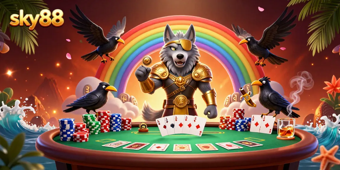 Experience the excitement of sky88 gaming with Odin and his ravens amidst vivid poker elements.