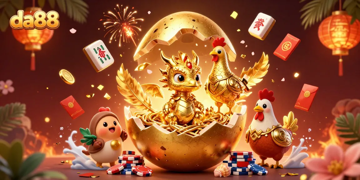 Engage in da88 gaming adventures with a mesmerizing golden dragon scene overflowing with casino elements.