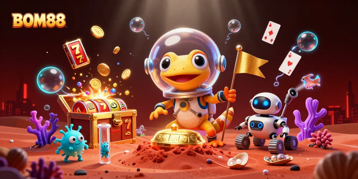 Experience exciting wins with BOM88, featuring vibrant gaming elements in a cosmic casino setting.