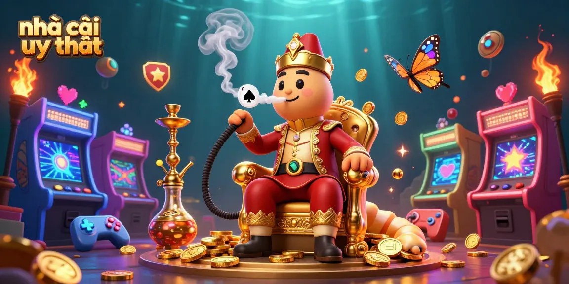 Engage with the vibrant nhà cái uy tín scene showcasing an imaginative caterpillar hookah-master amidst dazzling gaming symbols and retro arcade machines.