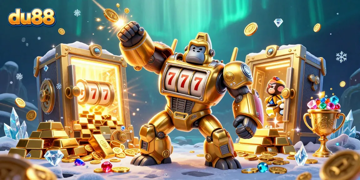 Experience the thrill of du88 with an action-packed casino scene featuring a golden gorilla mech!