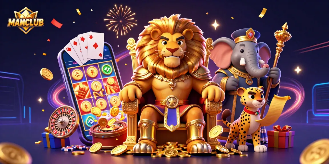 MANCLUB showcases a majestic lion king surrounded by engaging casino elements and celebrating success.
