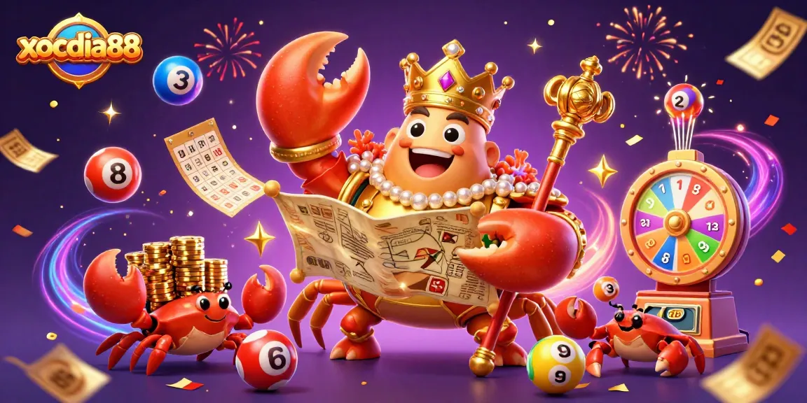 Engage with xocdia88's thrilling gaming experience, featuring the emperor crab amid a vibrant casino atmosphere.