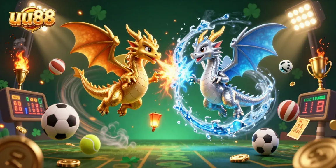 Experience the thrill of betting with uu88, featuring dynamic sports elements and a magical dragon scene.