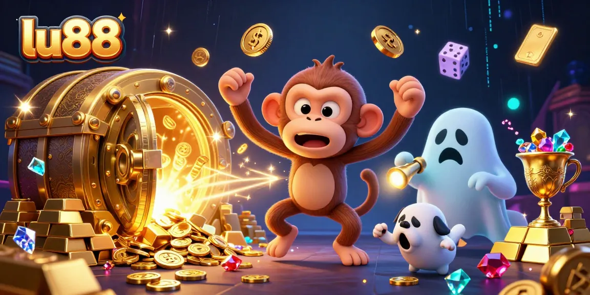 lu88 charms players with a dynamic casino scene, featuring a mischievous monkey and a curious puppy.