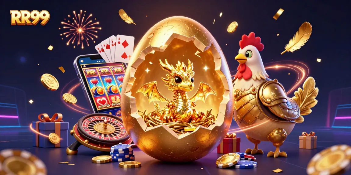Experience the thrilling excitement of RR99 with a golden dragon and casino elements bursting into action.