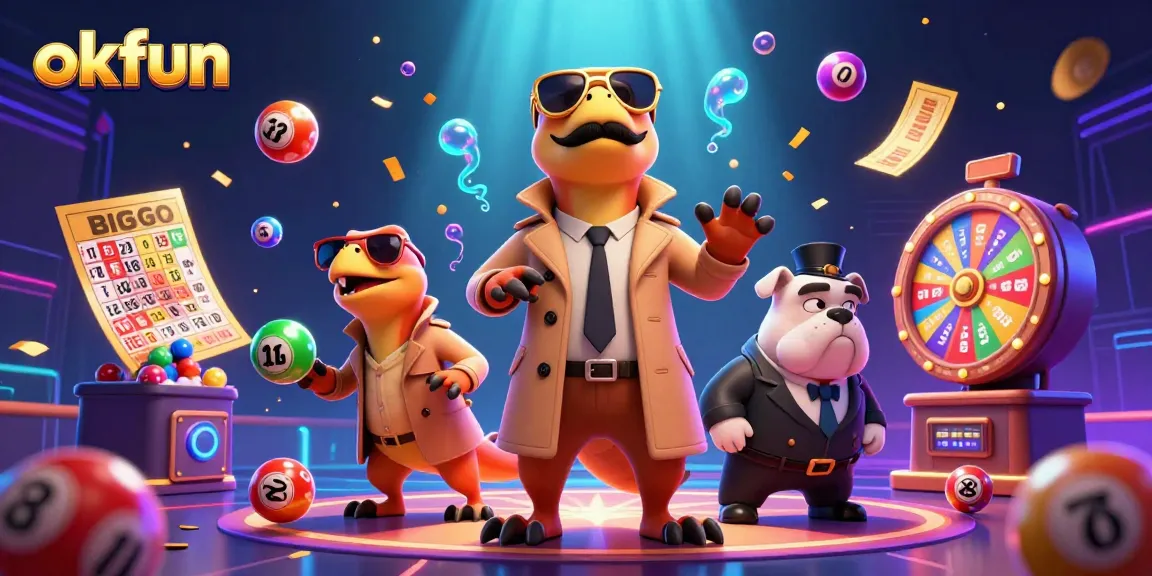 Experience fun at okfun with three cartoon raptors in a trench coat entering a casino, surrounded by lottery elements.