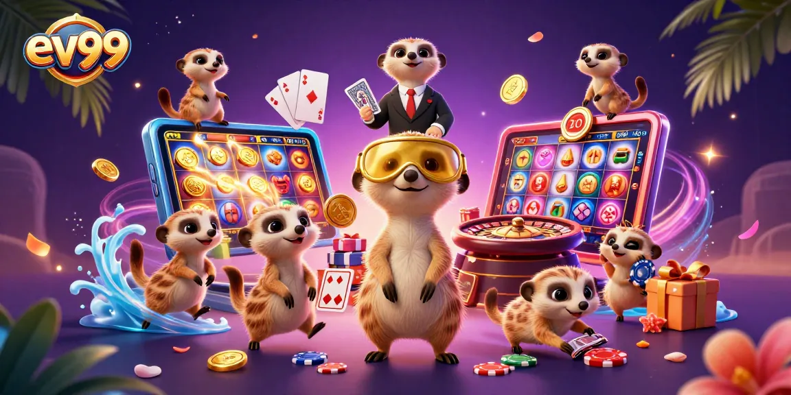 Experience fun and excitement at ev99 with meerkats running a lively casino scene featuring dynamic slot games and colorful chips.