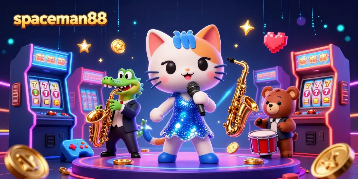 Experience excitement at spaceman88 with a vibrant 3D scene filled with characters, slots, and arcade games.
