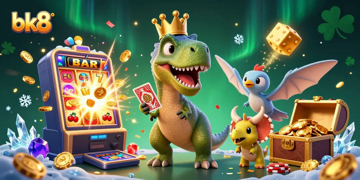 Engage in thrilling games at bk8 with a playful T-Rex shuffling cards and winning golden chips.