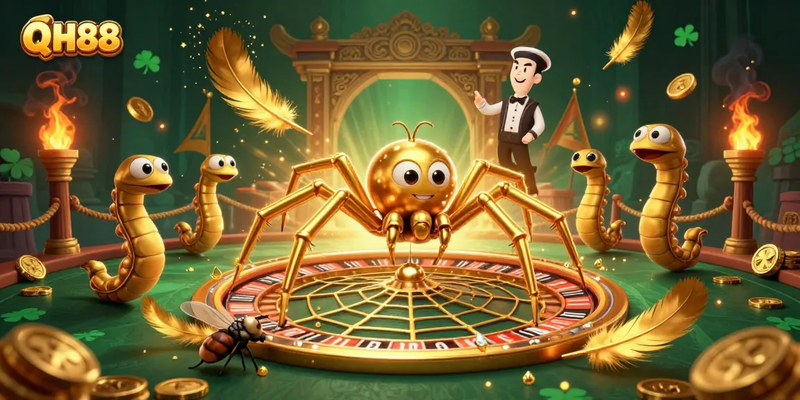 Experience thrilling gambling action with QH88 in this dynamic 3D illustration featuring a spider and croupier.