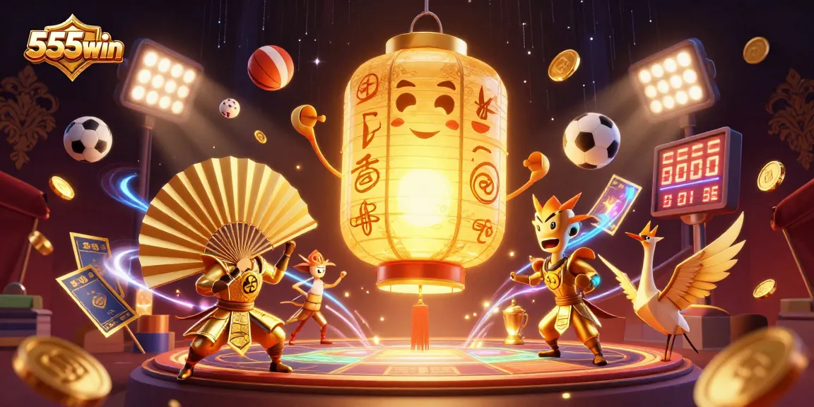 Experience the thrill of 555win with dynamic gambling elements surrounding a glowing lantern spirit.