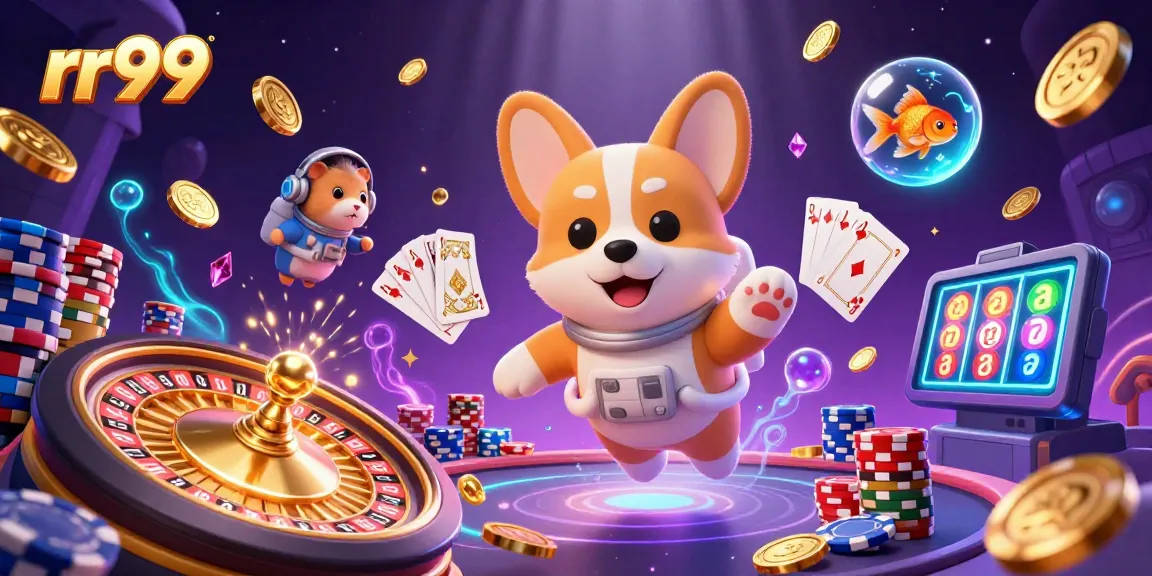 rr99 showcases a vibrant casino scene with an astronaut corgi floating amidst golden coins and poker chips.