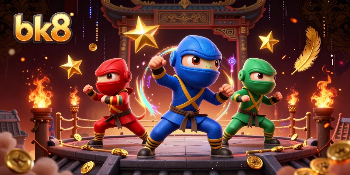 Engage in thrilling gaming with bk8 as colorful chameleon ninjas battle amidst gold coins and dynamic casino elements.