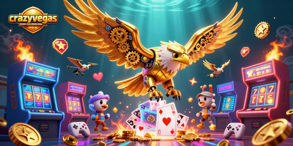 Experience the excitement of crazyvegas aussie real money casino with a dazzling 3D scene featuring golden eagle and gaming action.